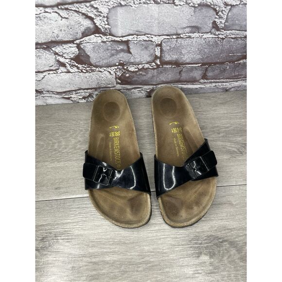 Birkenstock Madrid Black Patent Leather Cork Slide Sandals Women Sz 38EU/7.5M US - Picture 1 of 16